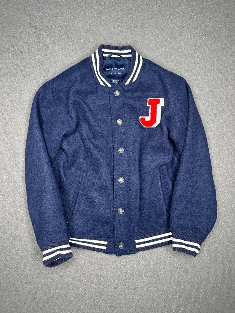 Janie and Jack Boys Navy Blue Varsity Letterman Jacket Red J Patch Size 5-6
